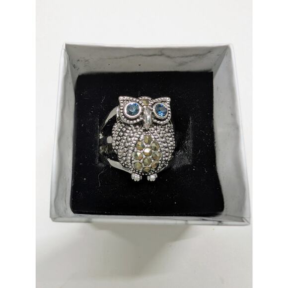 Owl Statement Ring NWT Silver Tone Blue Eyes Marcasite Style Size 8 - Picture 2 of 6
